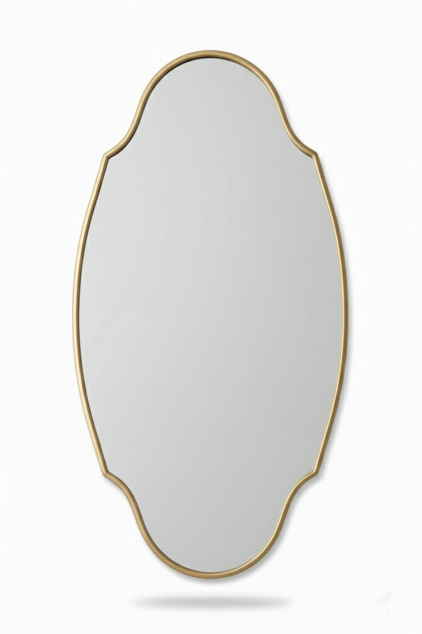 Modern regal oval brass mirror on white background