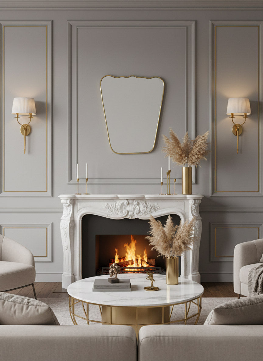 Living room with a fireplace, mirror, and decorative elements.