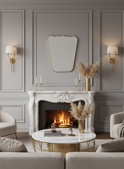Living room with a fireplace, mirror, and decorative elements.