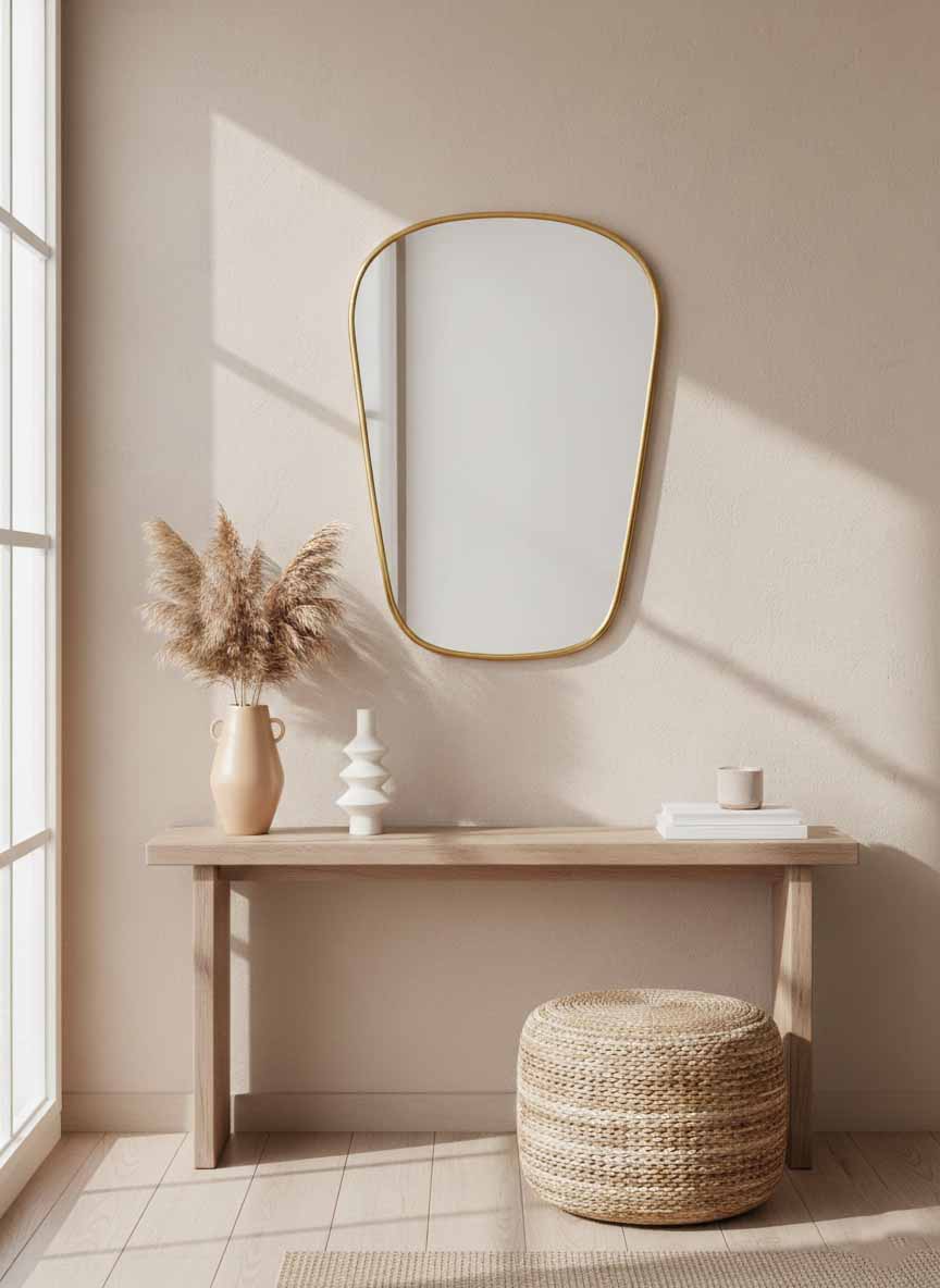  brass wall mirror above console table in minimalist entryway