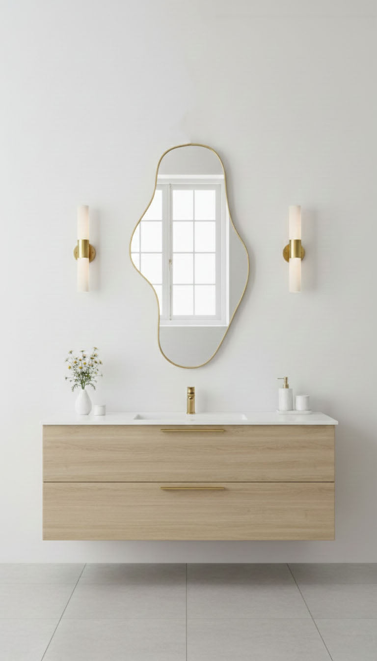 Waveform brass mirror above modern floating bathroom vanity