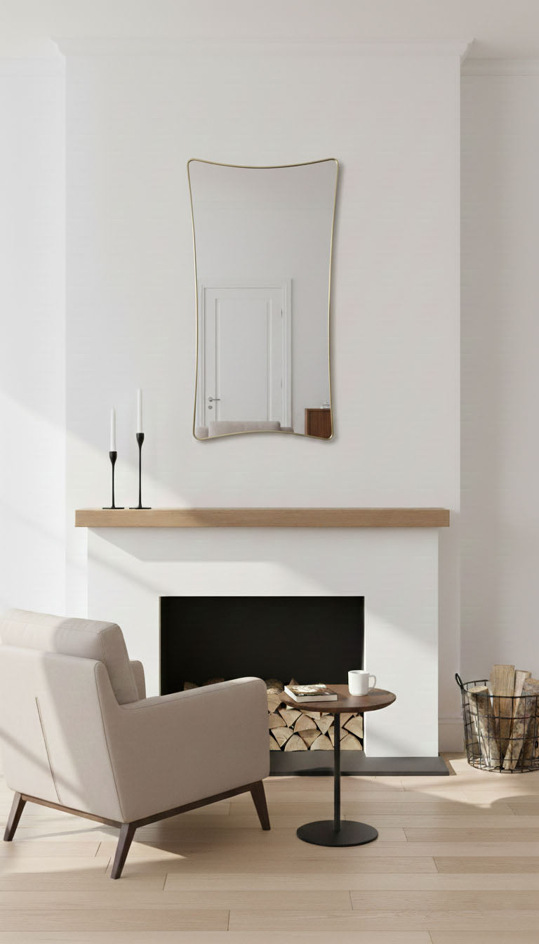 S-curve rectangle brass mirror above modern fireplace mantel