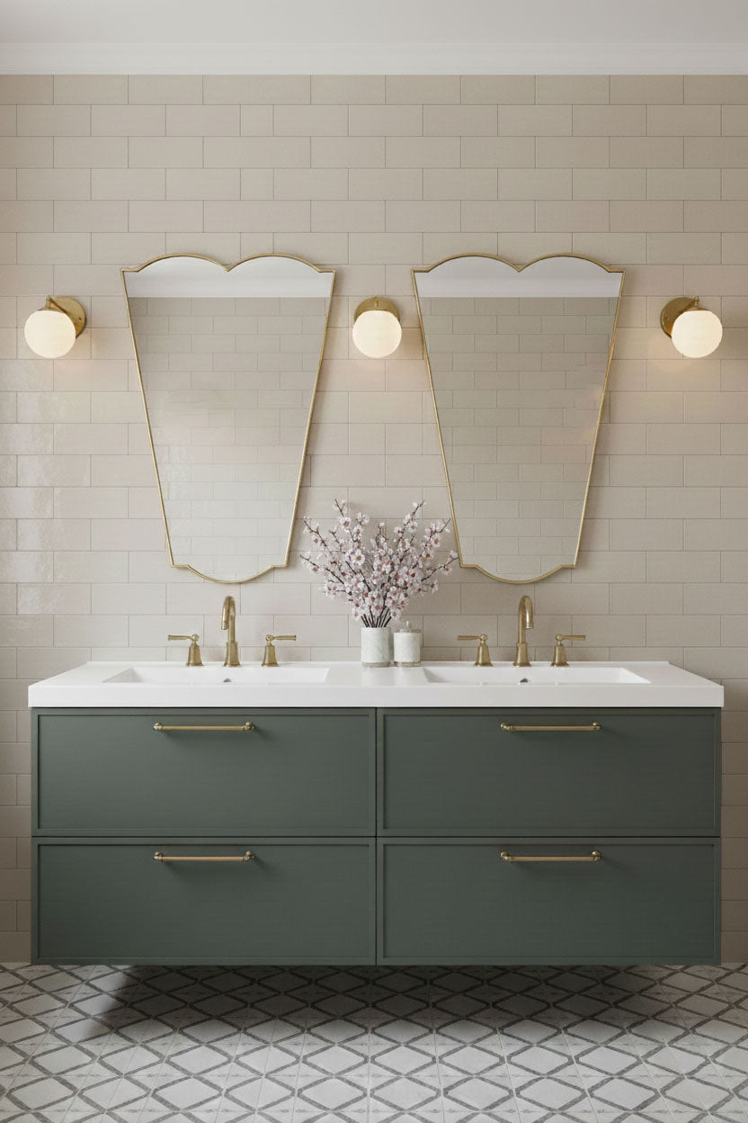  Slim crest brass mirror above a double bathroom vanity
