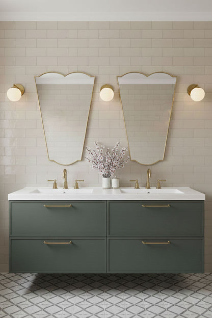  Slim crest brass mirror above a double bathroom vanity
