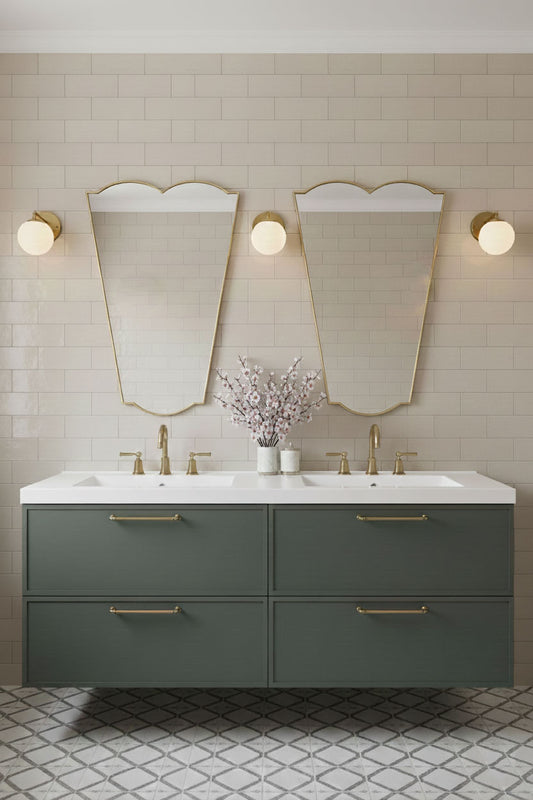  Slim crest brass mirror above a double bathroom vanity
