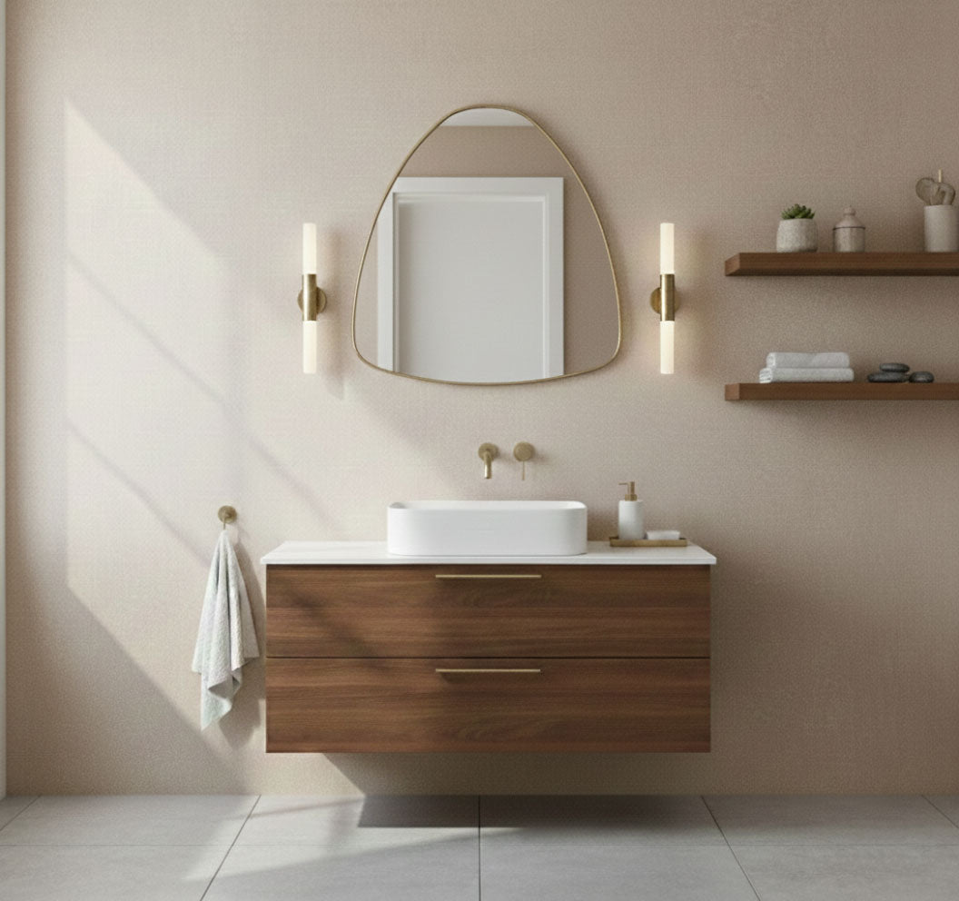 Soft pebble triangle brass mirror above modern bathroom vanity with wood cabinet