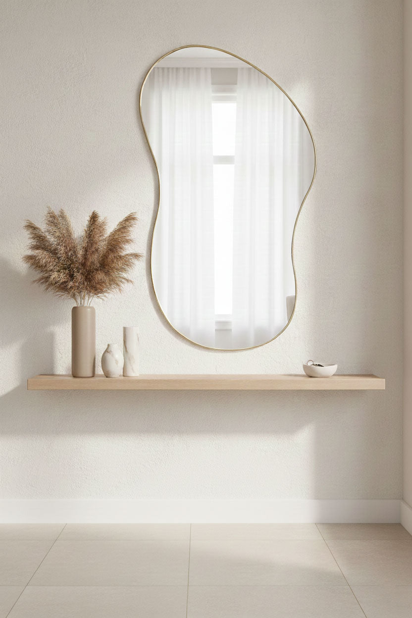 Artisan freeform brass mirror styled above floating shelf in minimalist interior