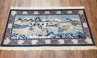 Chinese Pictorial Rug Hand Knotted Wool Vintage 28x55 Inches Teal And Blue Carpet Wall Tapestry