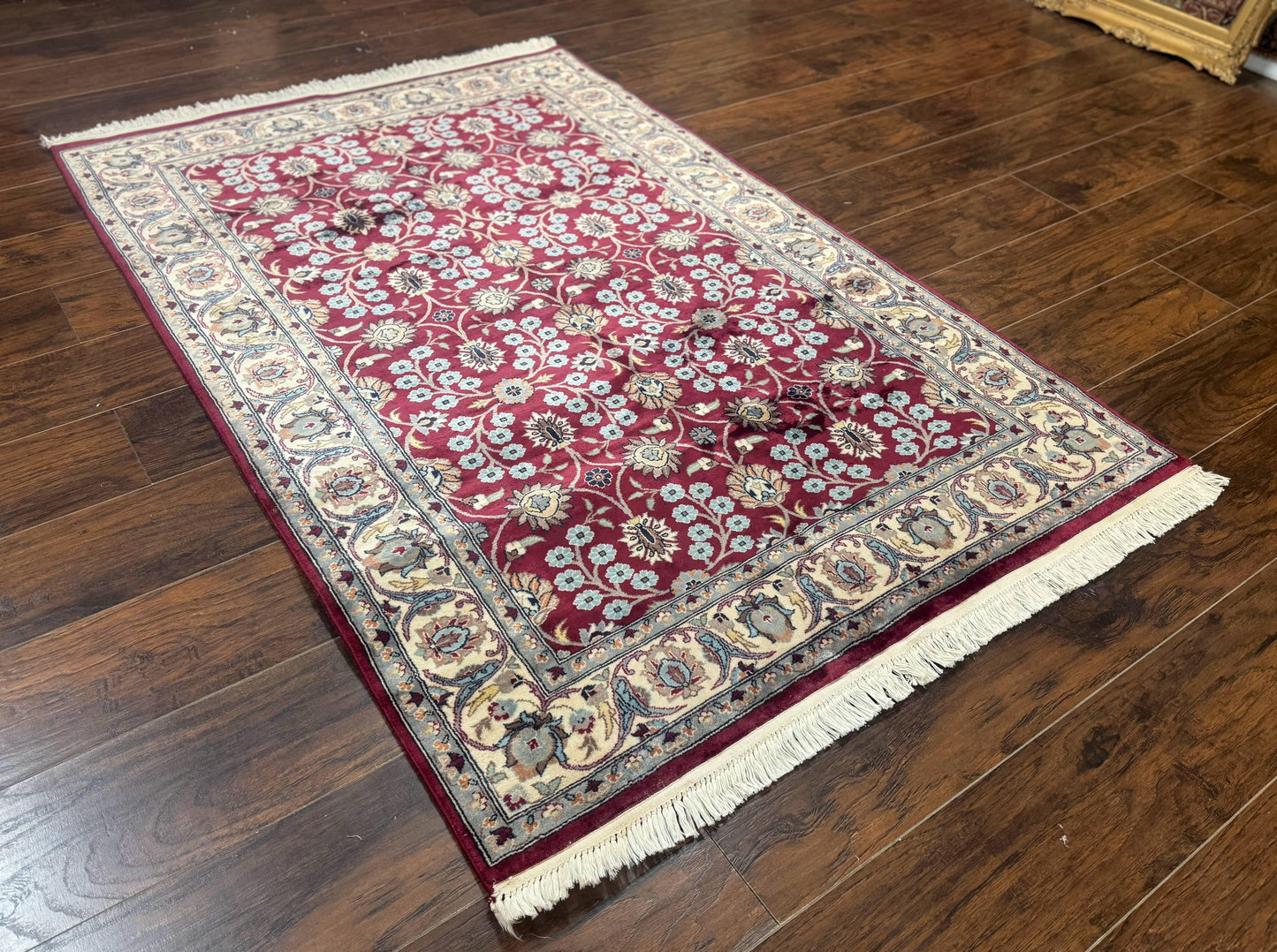 Pak Persian Rug 4x6, Floral Allover, Vintage Wool Carpet, Plum and Ivory