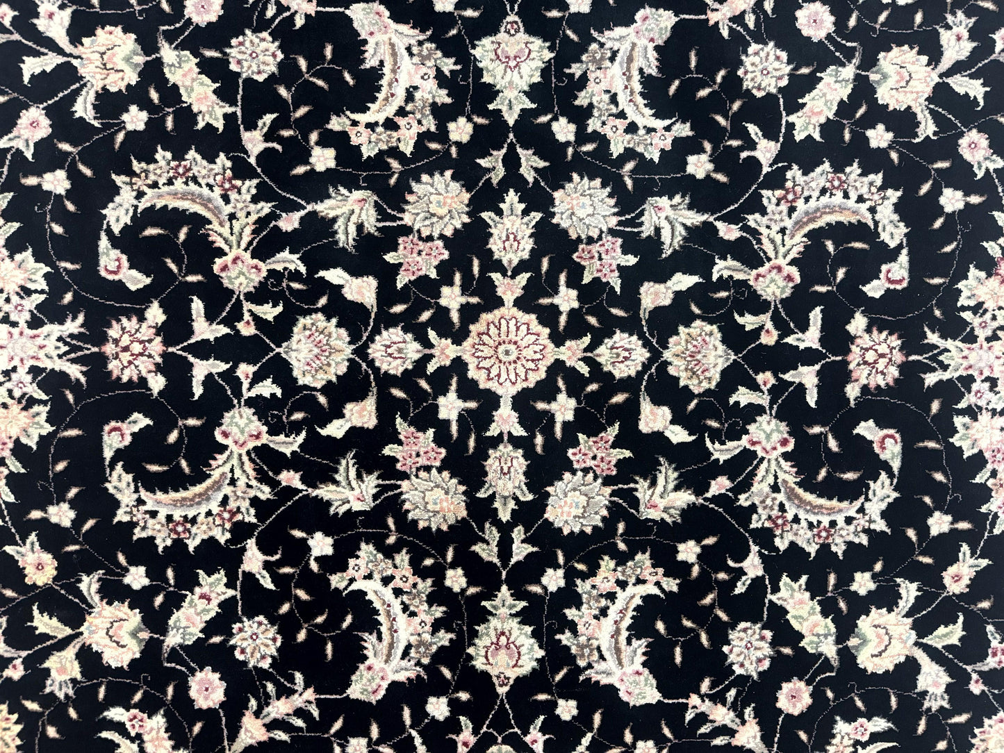 Sino Persian Rug 6x9, Black and Ivory, Wool and Silk Highlights, Handmade