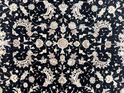 Sino Persian Rug 6x9, Black and Ivory, Wool and Silk Highlights, Handmade