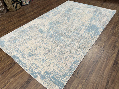 Modern Tibetan Rug 5x8 Ft Light Blue and Gray Wool Handmade Nepal Rug with Raised Pattern