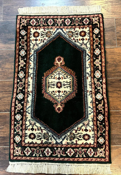Indo Persian Rug Small Dark Green Hand Knotted Vintage Bidjar Area Rug 2x3