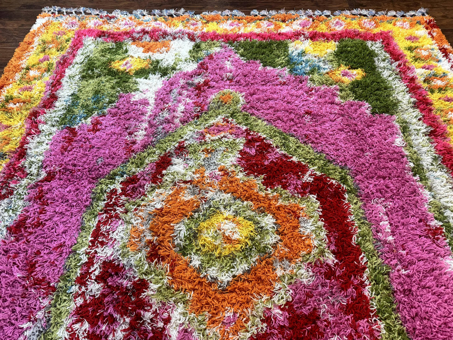 Colorful Shag Rug 8x10 Wool Area Rug In Fuchsia And Multicolor Vintage Power Loomed