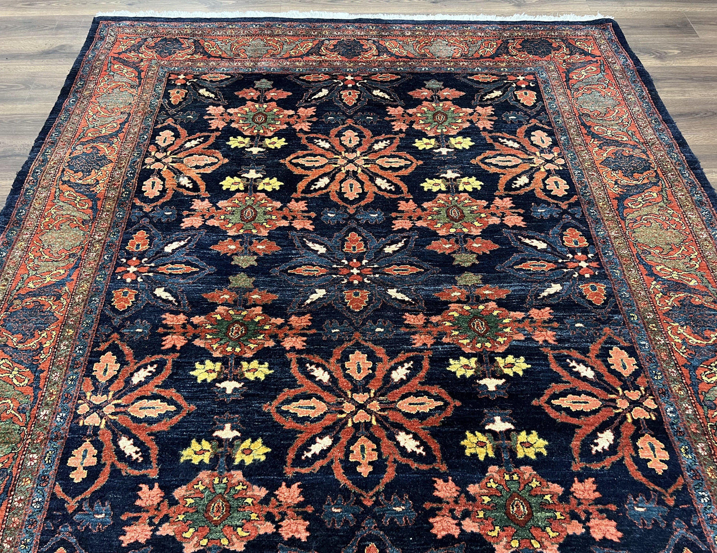 Hand Knotted Persian Bidjar Rug 7x10 Wool Navy Blue Red Floral Pattern