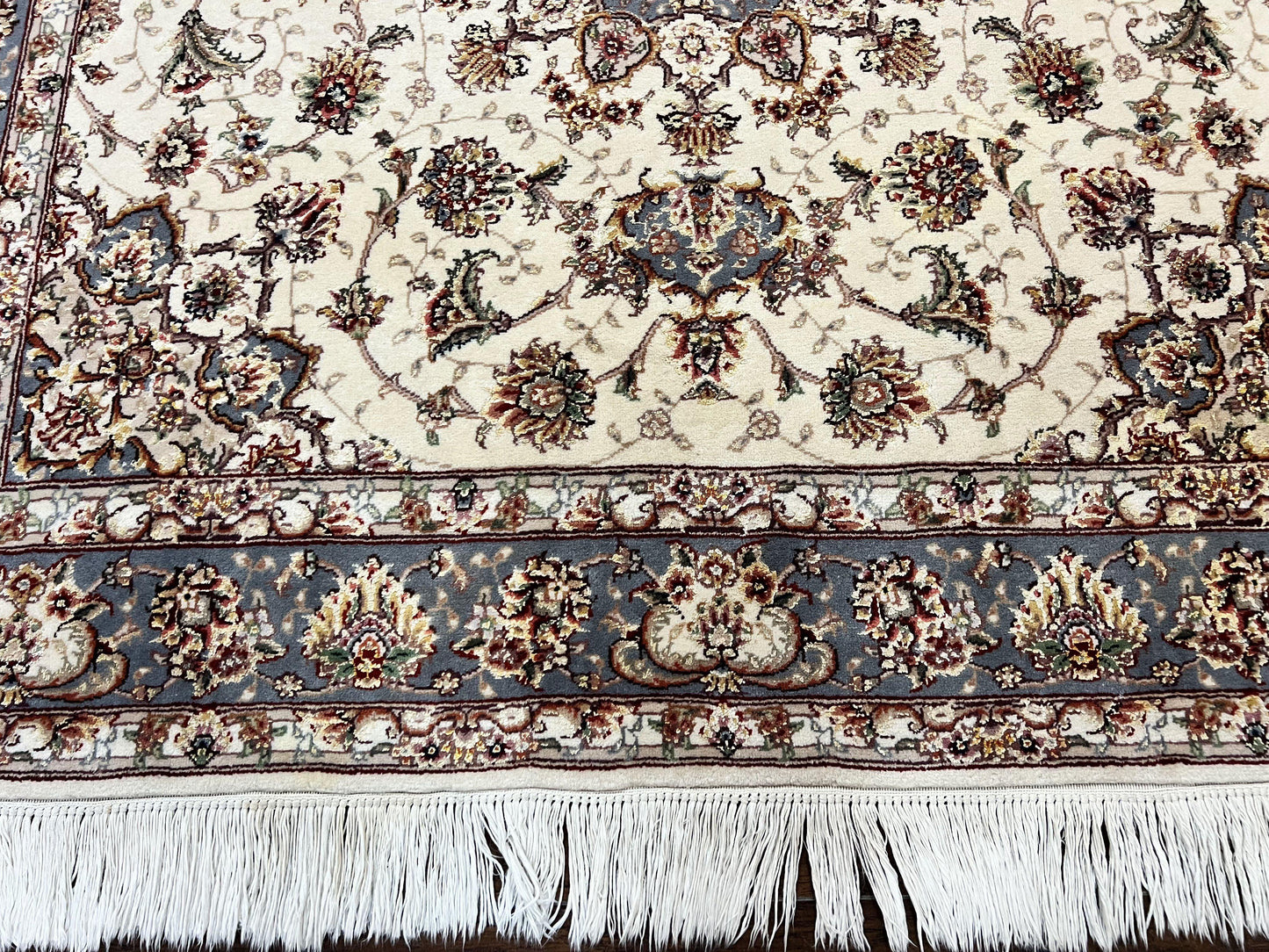 Sino Persian Square Rug 5x5 Hand Knotted Wool Silk Ivory Vintage Oriental Carpet