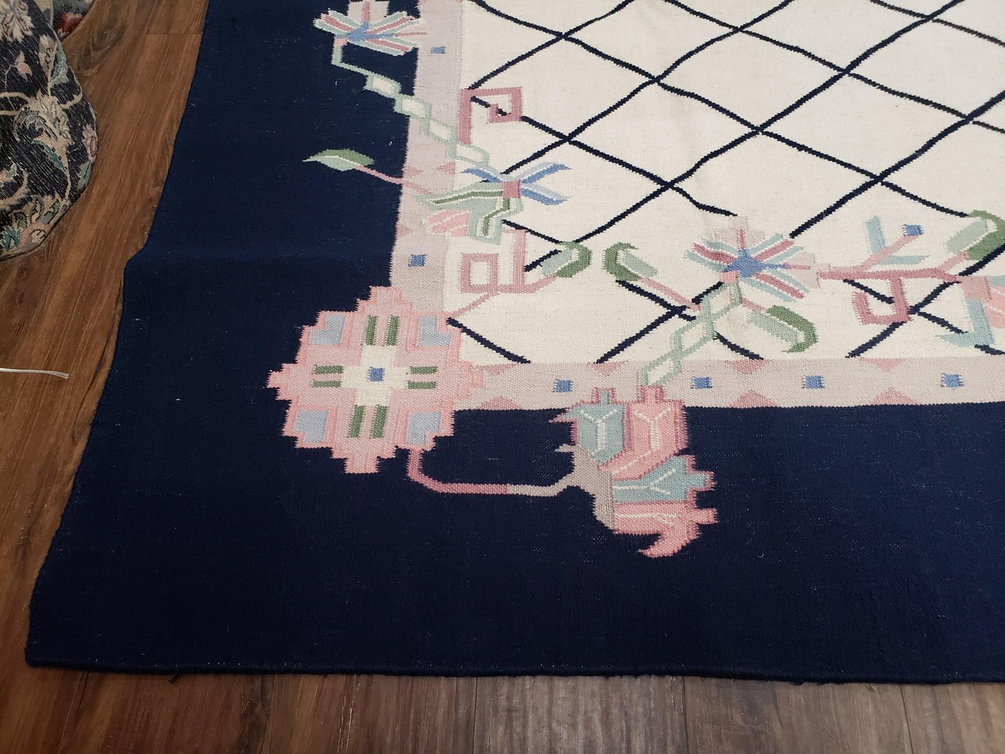 Vintage Dhurrie Rug, Indian Dhurrie 8x11 - 9x11, Wool Hand-Woven Ivory & Black Indo Carpet, Large Flat Weave Rug Living Room Rug Black White