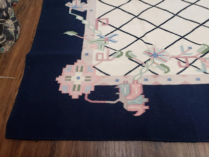 Vintage Dhurrie Rug, Indian Dhurrie 8x11 - 9x11, Wool Hand-Woven Ivory & Black Indo Carpet, Large Flat Weave Rug Living Room Rug Black White