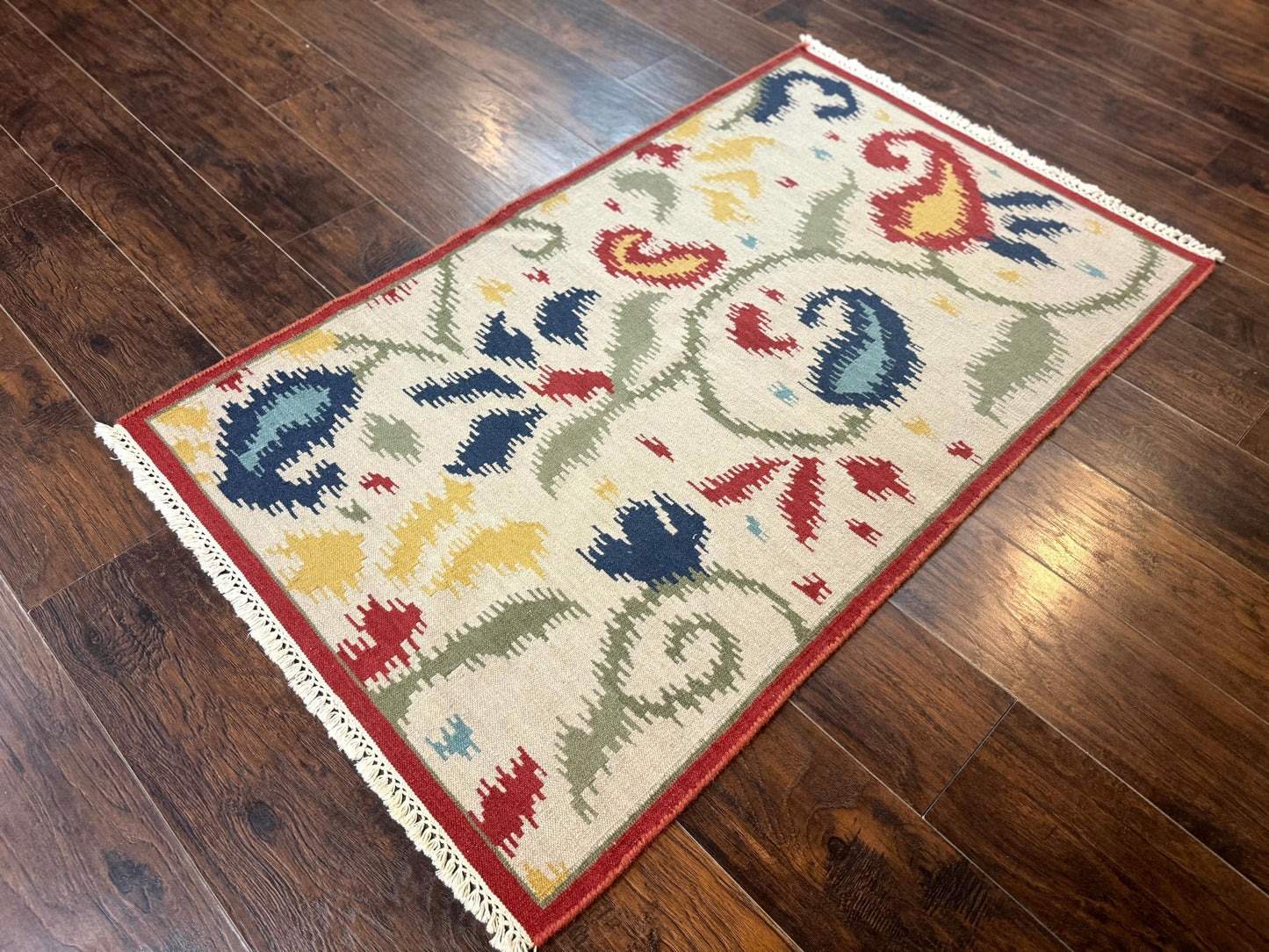 Indian Kilim Flatweave Rug 3x5, Abstract, Beige and Multicolor Flowers, Handmade