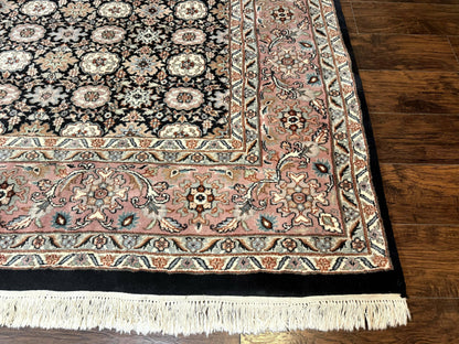 Indo Persian Rug 9x12, Vintage Handmade Wool Carpet, Repeated Allover Motif, Navy Blue and Pink