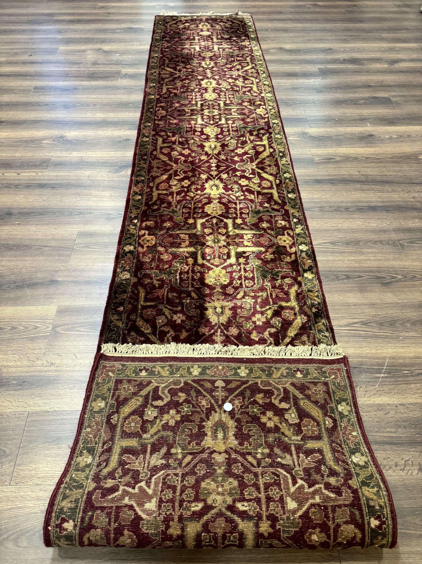 Indo Persian Runner Rug 2.7 x 13.8, Maroon, Wool, Handmade Indian Rug for Hallway