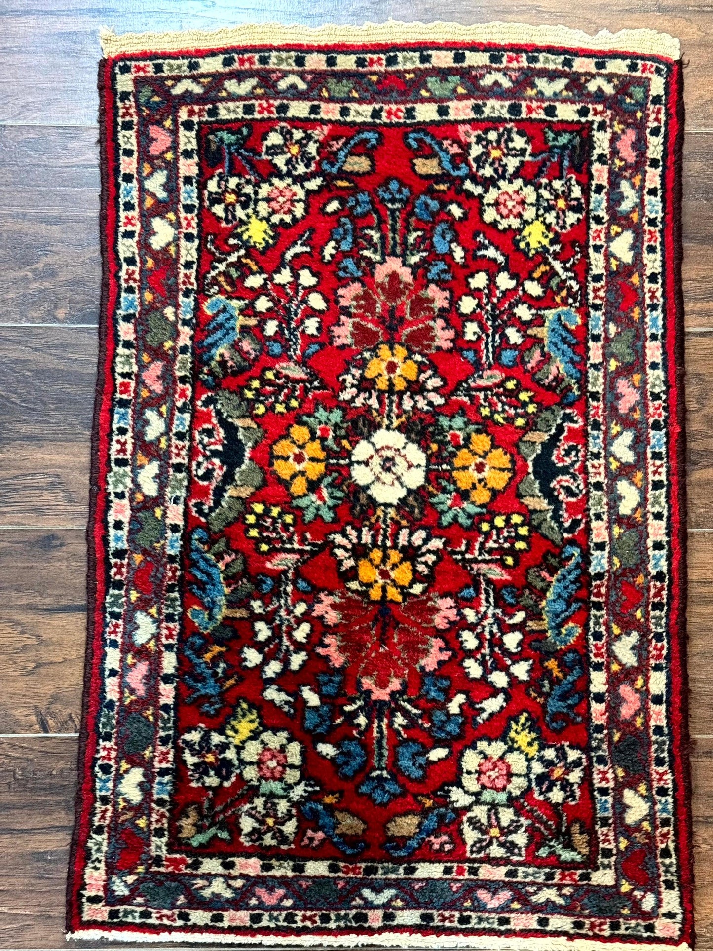 Small Persian Tribal Rug 2x3, Red Colorful Small Hamadan Carpet, Antique Persian Rug