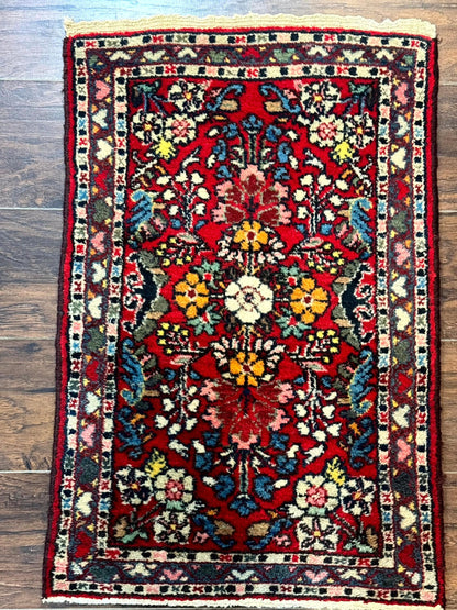 Small Persian Tribal Rug 2x3, Red Colorful Small Hamadan Carpet, Antique Persian Rug