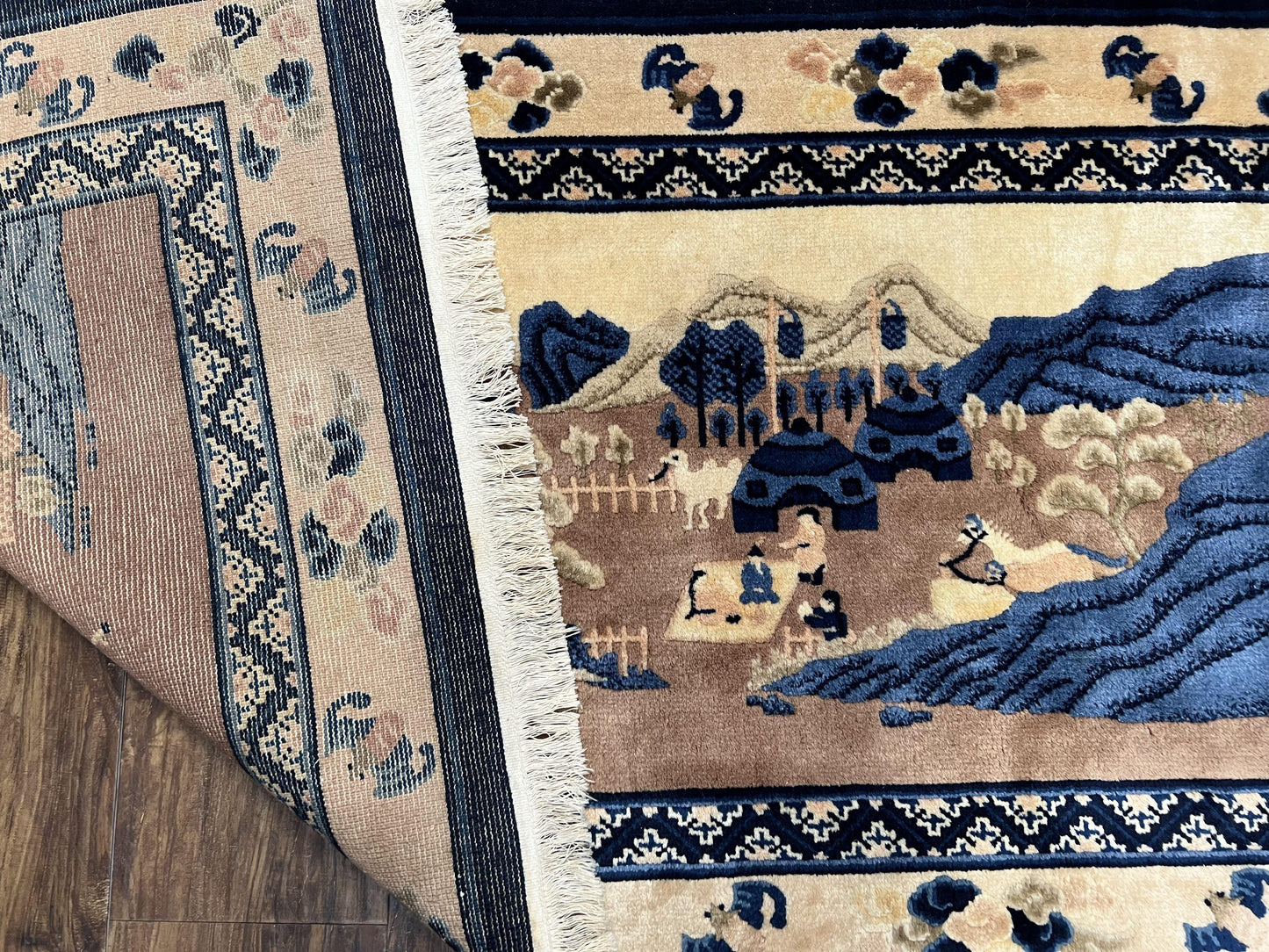 Chinese Pictorial Rug Antique Handmade 2.7x5 Village and Hills Beige Blue Wall Hanging Tapestry