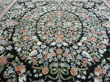 Vintage Handmade Pakistani Floral Wool Rug 8x10 Black Full Pile
