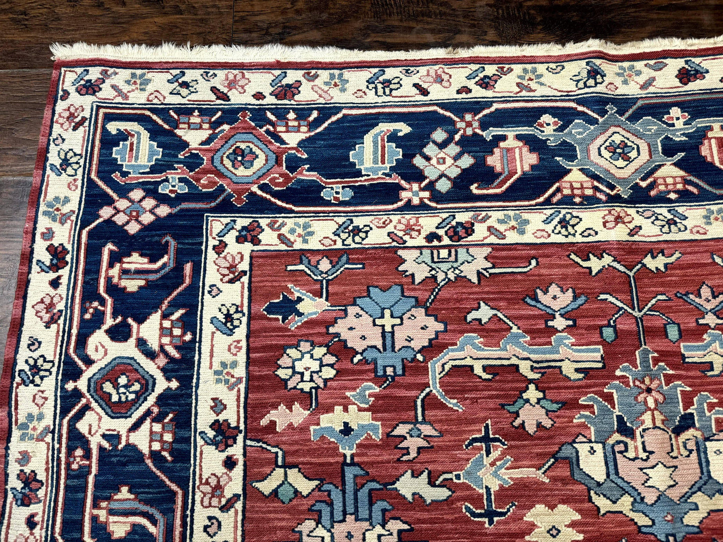 Turkish Flatweave Rug Heriz Design 6x9 Vintage Handknotted Wool Red Blue