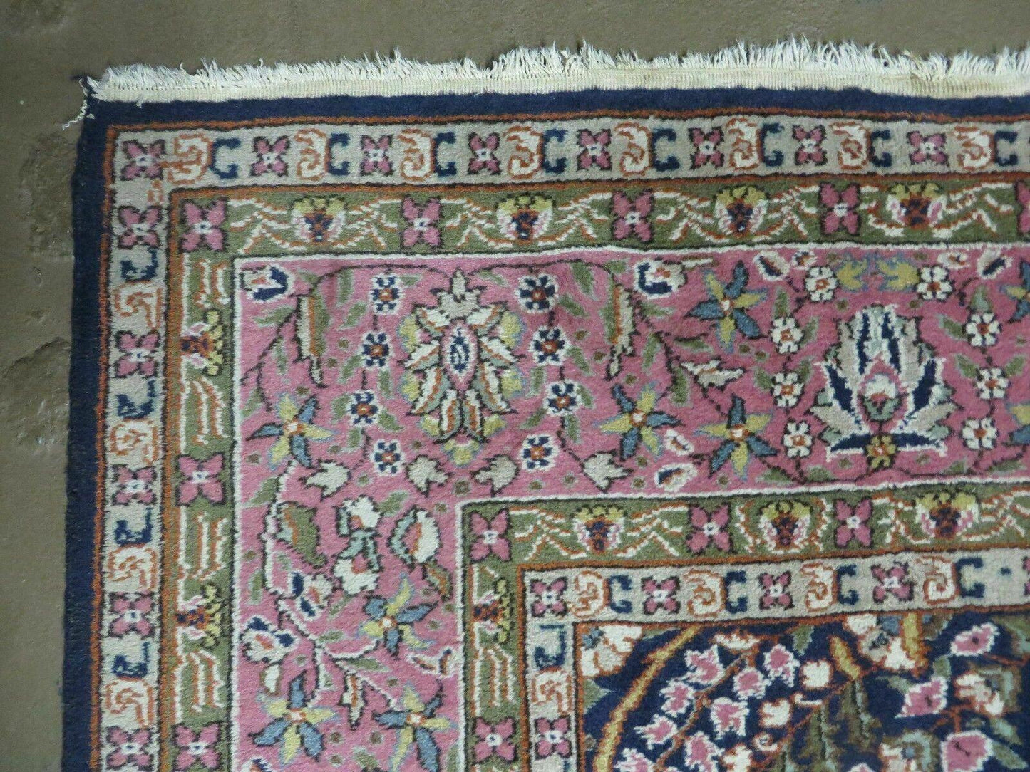 Turkish Sivas Rug 7x11, Navy Blue & Pink, Millifluer Floral Wool Carpet, Vintage