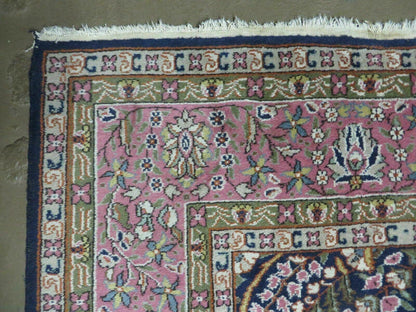 Turkish Sivas Rug 7x11, Navy Blue & Pink, Millifluer Floral Wool Carpet, Vintage