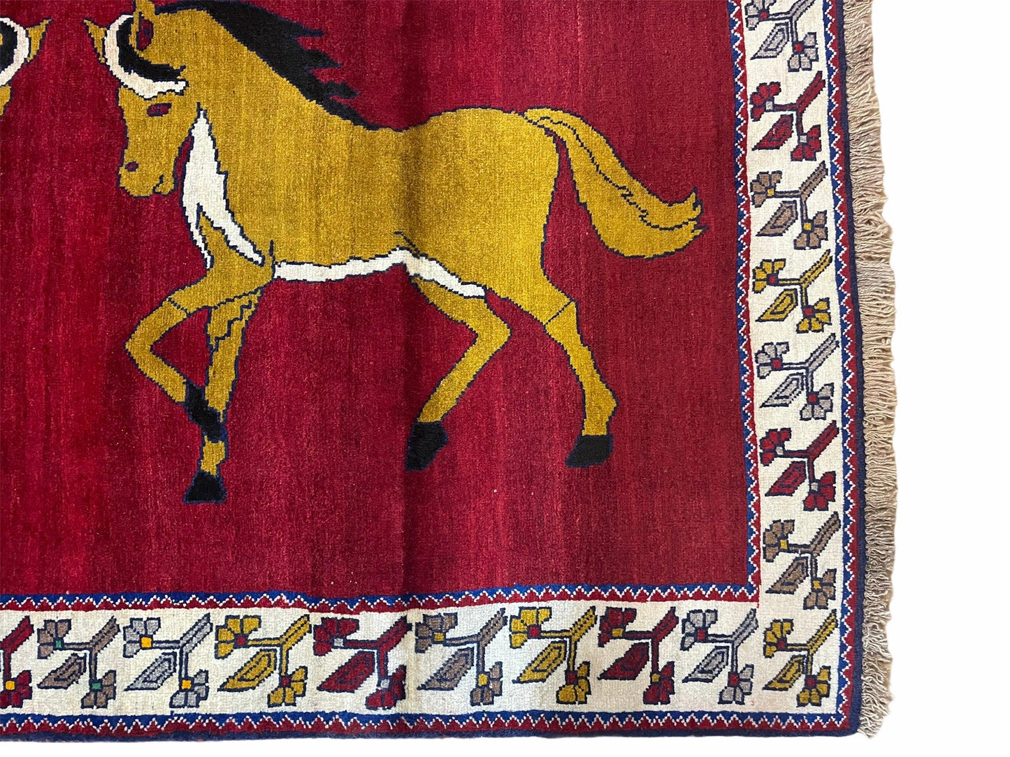 Handmade Hand Knotted Wool Rug Gabbeh 4x7 Horses Zagros Red Mustard Gold New