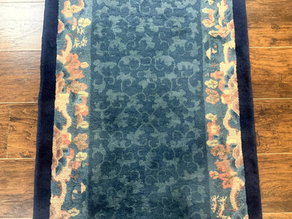 Blue Chinese Wool Rug 2.6x4 Hand Knotted Peking Style Art Deco Carpet