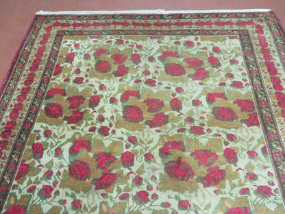 Antique Handmade India Floral Wool Rug 5x6 Roses And Traditional Oriental Design