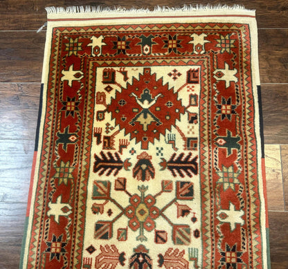 Turkish Runner Rug 2.4 By 8 Feet Kazak Geometric Heriz Pattern Beige And Red Hand Knotted Wool