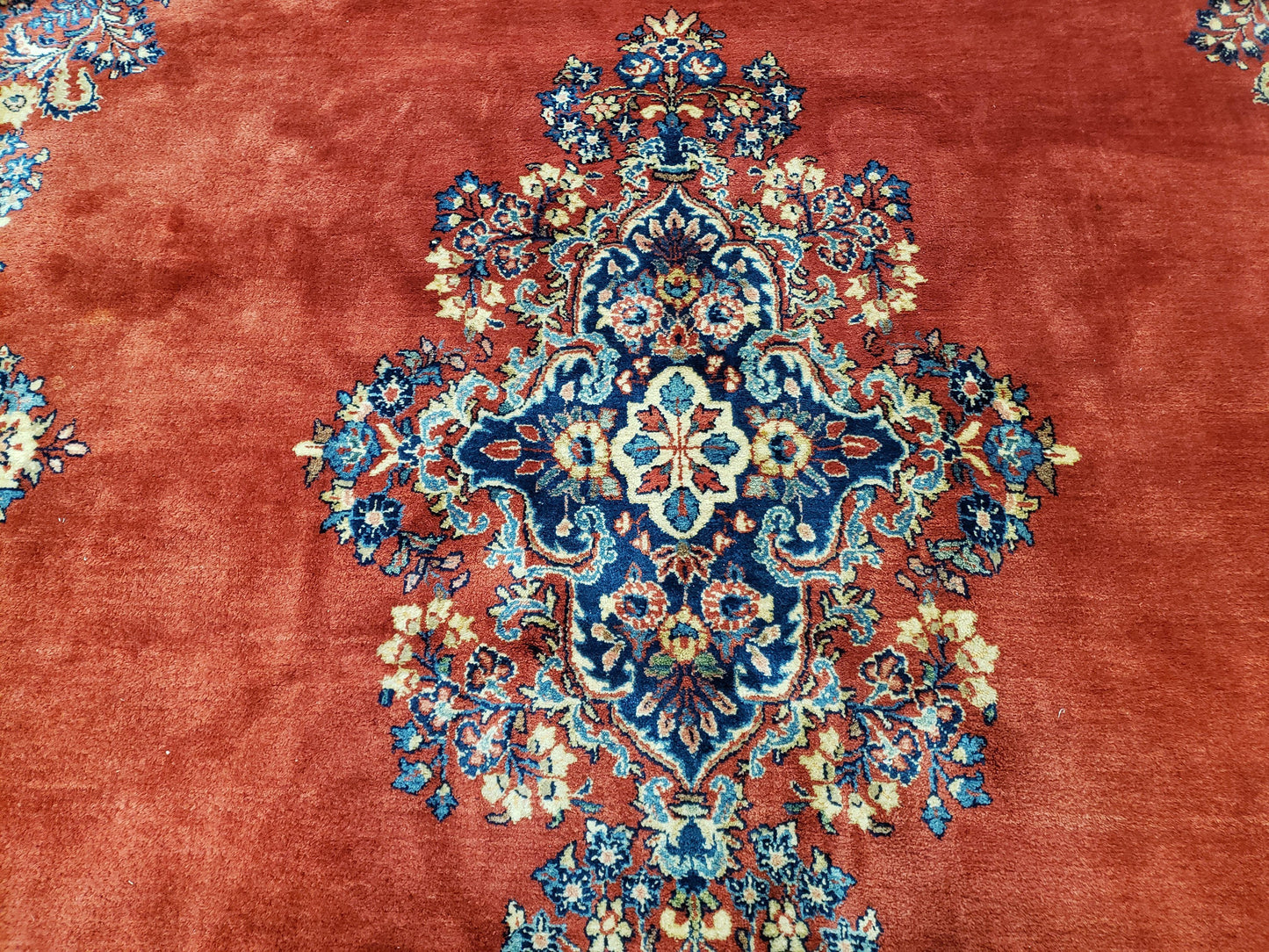 Semi Antique Persian Sarouk Rug 9x12 Hand Knotted Wool With Central Medallion Tomato Red