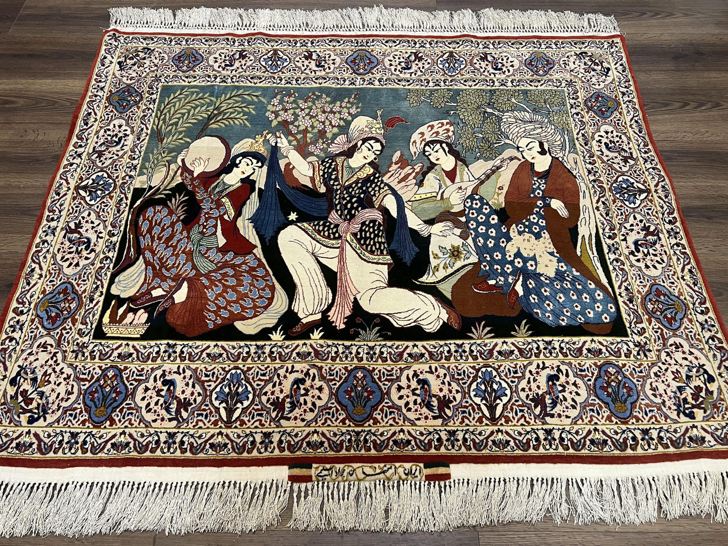 Persian Pictorial Rug Five By Four Feet Isfahan Kork Wool On Silk Foundation Master Weaver Signature Birds And Drums