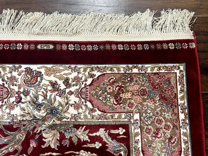 Dark Red Turkish Silk Rug 2.6 x 4, Hunting Design Scene, Bamboo Silk