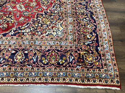 Persian Kashan Rug 9x12 Handmade Wool Oriental Carpet With Floral Medallion And Corner Design