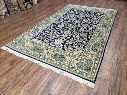 Persian Qum Tree Of Life Rug Hand Knotted Wool Midnight Blue And Tan With Poem Borders 4ft 8in By 7ft 8in