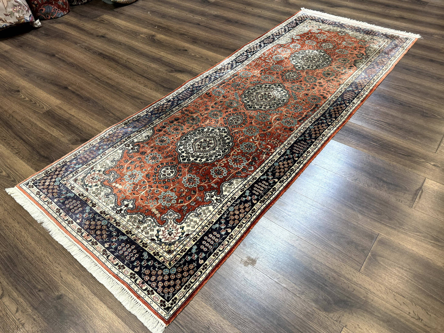 Turkish Silk Runner Rug 3x8, Short Runner Rug, Red, Floral Medallions, Very Fine 360 KPSI, 3 x 8 Runner