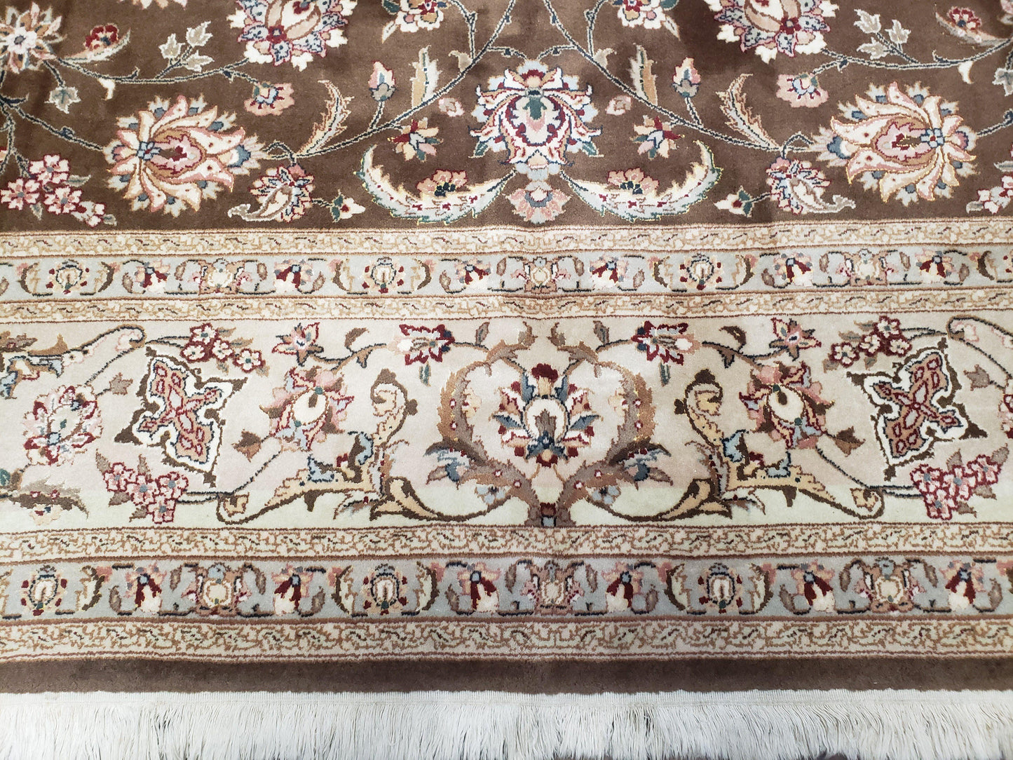 Pak-Persian Vintage Wool Rug 9x12 Hand-Knotted Spice Brown Ivory Traditional Oriental Carpet