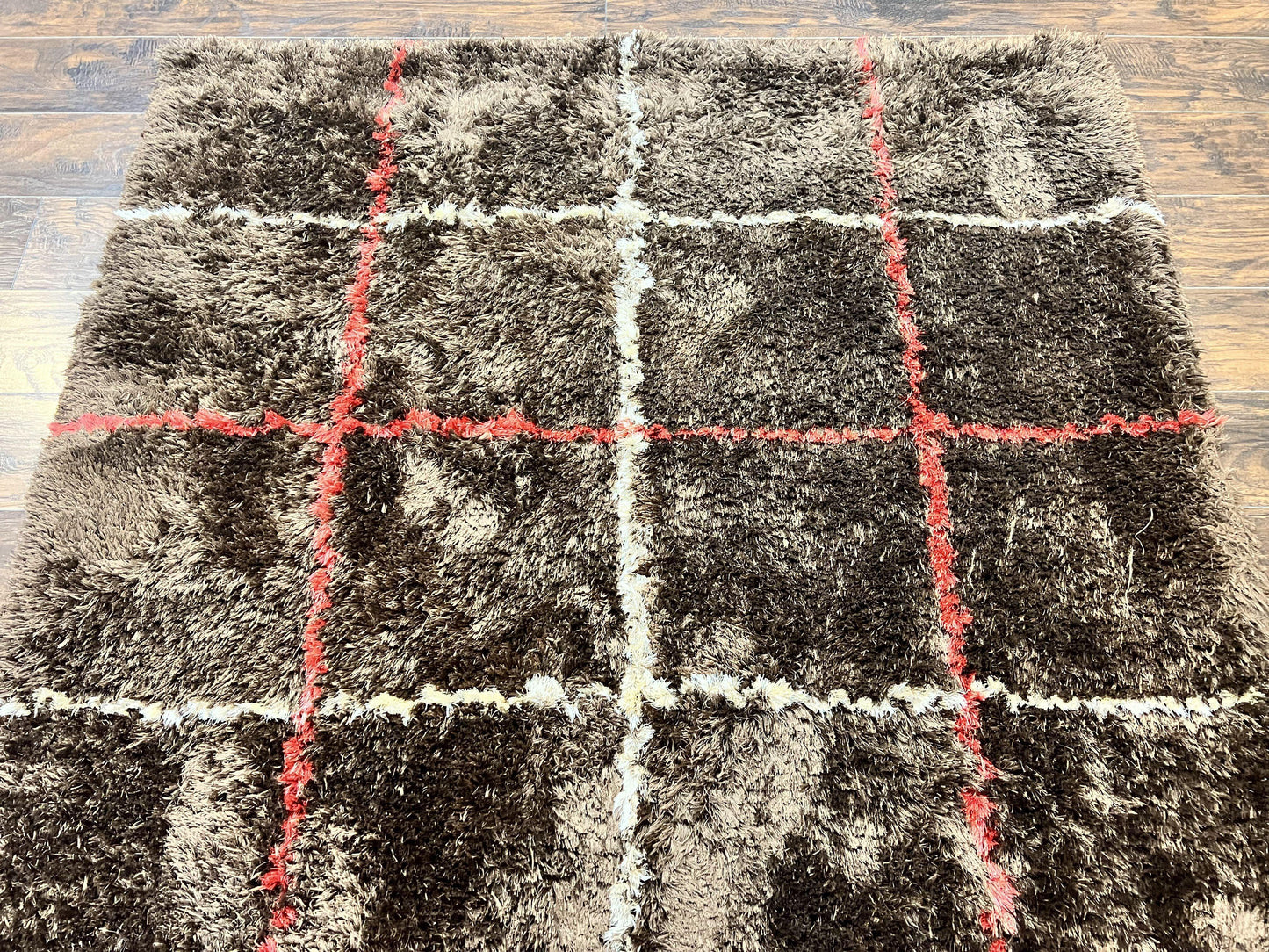 Brown Shag Rug 6x8 Vintage Wool Panel Design Area Rug For Living Rooms