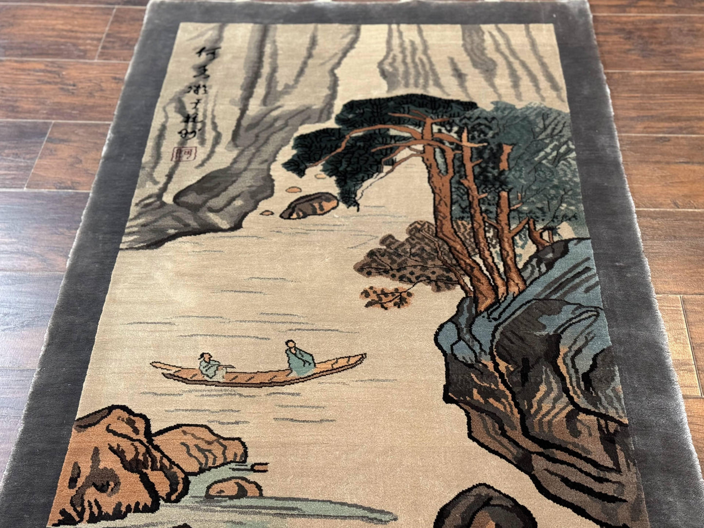 Chinese Silk Wall Hanging Hand Knotted 3x5 Feet River And Boat Scene Rug Tapestry For Home Decor