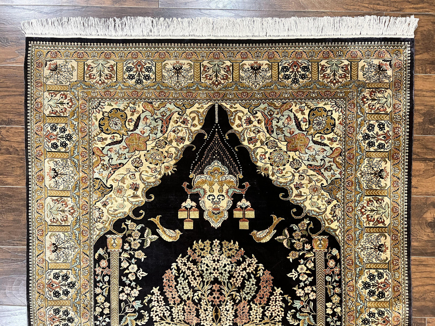 Luxury Sino Persian Silk Rug 4x6 Tree of Life Design Birds Hand Knotted Silk on Silk