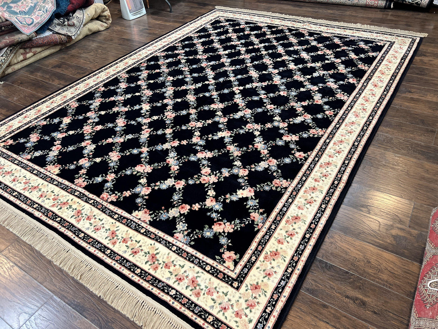 Karastan Rug 8' 8" x 12" Garden of Eden Collection Ebony Trellis #509/1270, Wool Pile Discontinued Vintage Karastan Carpet, Room Sized Rug