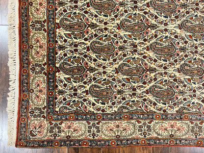 Persian Qum Rug 5x6 Cream Wool Hand Knotted Carpet With Repeated Boteh Paisley Design Semi Antique Vintage