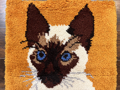 Small Shag Rug with Siamese Cat Pictorial, 2x3 ft Rug, Wool, Vintage, Danish Rya Shag Rug, Orange