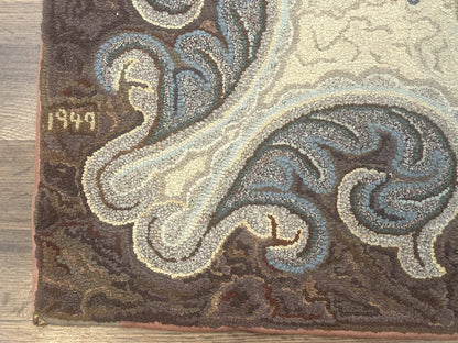 Antique American Hooked Wool Rug Floral Vintage Area Rug Handmade